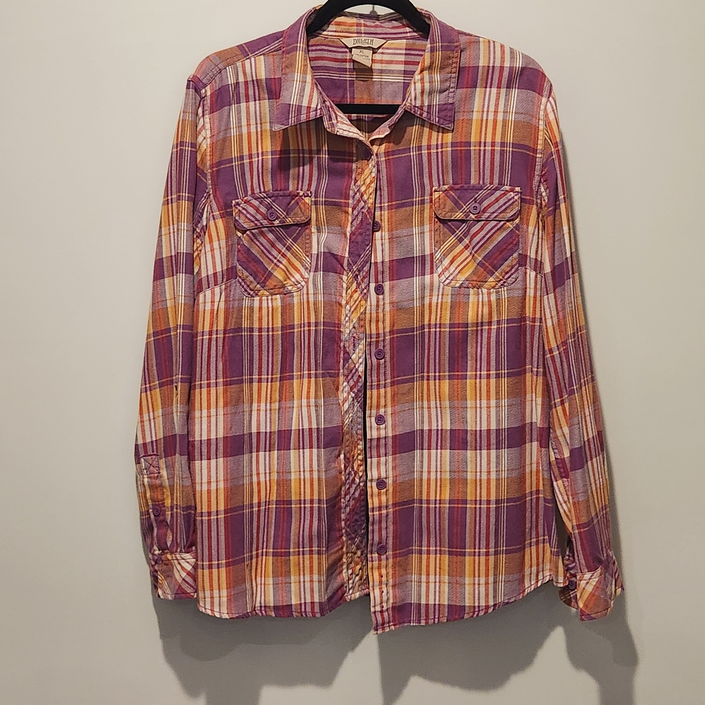 Duluth Trading Co Women's Plaid Button Down Shirt - Purple, Orange, Yellow